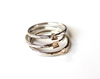 Tiny Initial Ring  Sterling silver band with 14K gold initial (CUSTOM)