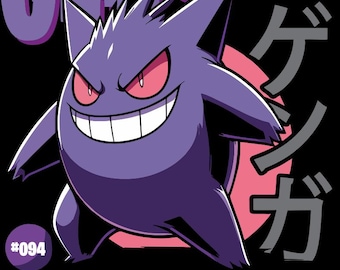 May include: A graphic illustration of the purple Pokemon Gengar with red eyes and a wide grin. The text GENGAR appears at the top, with Japanese characters to the right, the number #094 in a circle, and a descriptive paragraph in Spanish at the bottom.