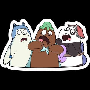 Puede incluir: Tres osos de dibujos animados con diferentes expresiones de miedo. El oso de la izquierda es blanco con una chaqueta con capucha azul. El oso del medio es marrón con una cubierta de cabeza verde y azul. El oso de la derecha es blanco y negro con un libro en la cabeza.