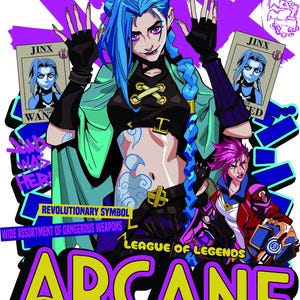 May include: A colourful illustration from League of Legends, featuring a character with blue hair and tattoos. The image includes the word "Jinx" on wanted posters and the word "Arcane" in large yellow letters. The text "Powder, better known" is also visible.