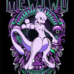 May include: A purple and green graphic illustration of a Pokemon character, Mewtwo, with the word "MEWTWO" in bold black letters above it.