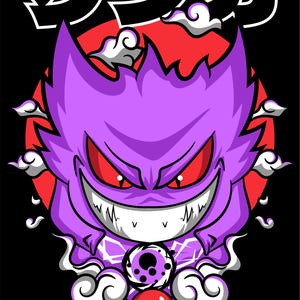 Puede incluir: Un personaje de dibujos animados morado con una amplia sonrisa y ojos rojos, sobre un círculo rojo y fondo negro. Texto japonés blanco en la parte superior. Una bola blanca y roja en la parte inferior.