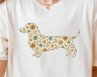 Camiseta con flores de perro salchicha, regalo para amantes de los perros, camiseta adorable para mascotas, ropa floral para perro salchicha, ropa para amantes de los animales, regalo para mamá dueña de perro