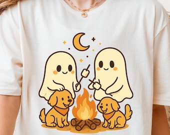 Cute Ghost Camping T-Shirt, Halloween Apparel, Summer Camp Shirt, Dog Lovers Gift, Spooky Season Outdoors Gift