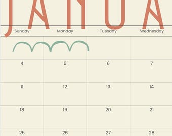 Calendario minimalista 2026: Arte mural imprimible moderno (descarga digital)