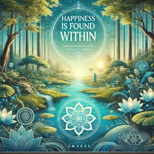 Puede incluir: Una ilustración azul y verde de un bosque con un río que fluye a través de él. El texto "Happiness is found within" está escrito en un círculo en la parte superior de la imagen. La imagen también incluye una flor de loto y un mandala.