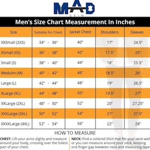 May include: A size chart for men's clothing, showing measurements in inches for chest, jacket chest, shoulders, and sleeves. The chart includes sizes from XXSmall to XXXXLarge.