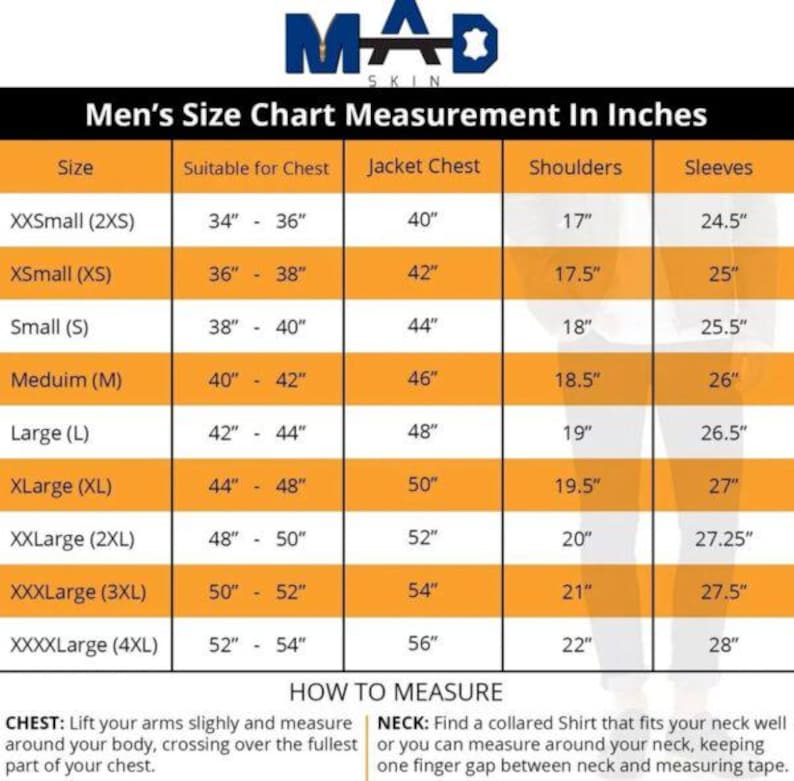 May include: A size chart for men's clothing, showing measurements in inches for chest, jacket chest, shoulders, and sleeves. The chart includes sizes from XXSmall to XXXXLarge.