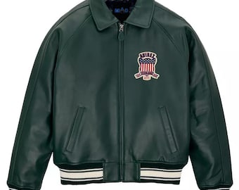 Men's Avirex Green Bomber American Flight Jacket 100% Real Leather Jacket