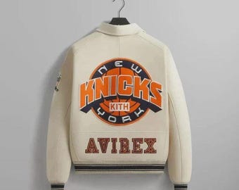 Chaqueta bomber universitaria de cuero auténtico Avirex x KITH de los Knicks – Abrigo NBA Nueva York
