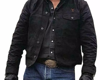 Men's Yellowstone Cole Hauser Rip Wheeler Stylish Denim Black Cotton Jacket