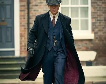 Peaky Blinders Mens Black Wool Trench Coat Thomas Shelby Long Gothic Overcoat