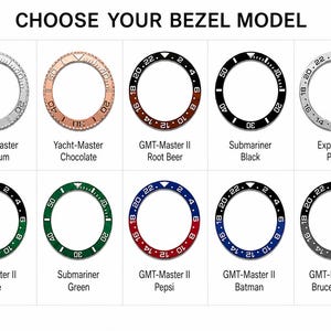 May include: Image showcasing various watch bezel models, including Yacht-Master Rhodium, Chocolate, GMT-Master II Root Beer, Submariner Black, Explorer II Polar, GMT-Master II Sprite, Green, Pepsi, Batman, and Bruce Wayne. Text reads "CHOOSE YOUR BEZEL MODEL."