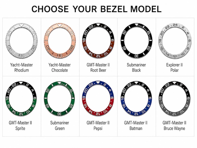 May include: Image showcasing various watch bezel models, including Yacht-Master Rhodium, Chocolate, GMT-Master II Root Beer, Submariner Black, Explorer II Polar, GMT-Master II Sprite, Green, Pepsi, Batman, and Bruce Wayne. Text reads "CHOOSE YOUR BEZEL MODEL."