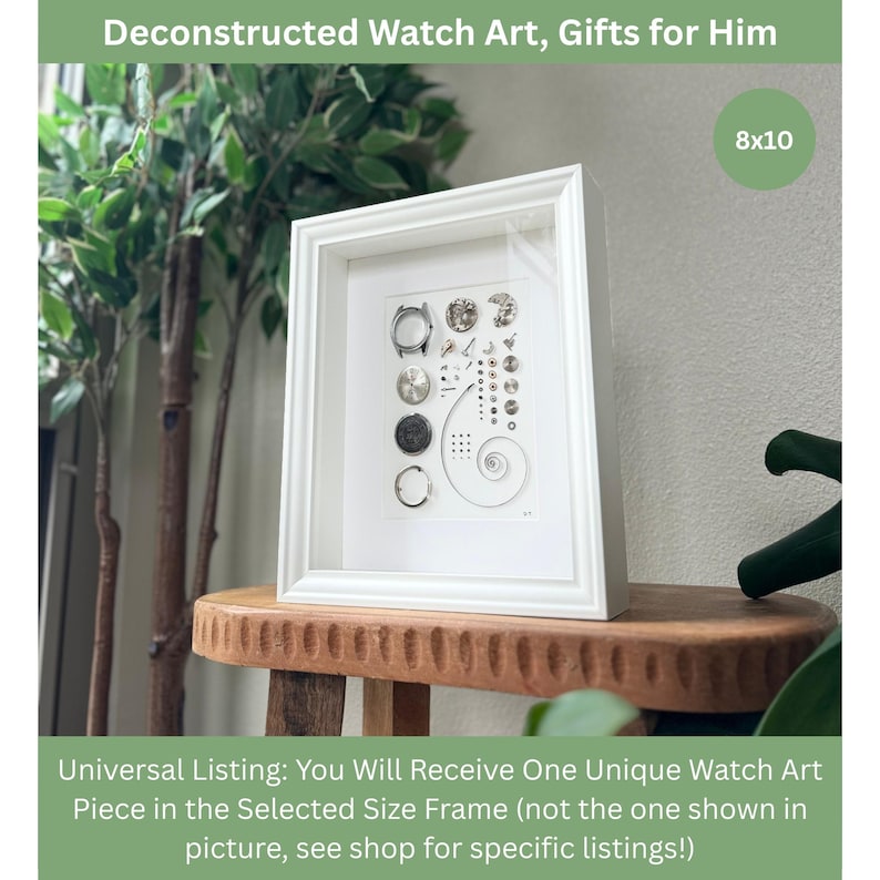 Puede incluir: Una obra de arte enmarcada en blanco con piezas de reloj deconstruidas sobre un fondo blanco. La obra incluye esferas de reloj, engranajes y otros componentes. El marco mide 20,3 x 25,4 cm. El texto en la parte superior dice "Deconstructed Watch Art, Gifts for Him."