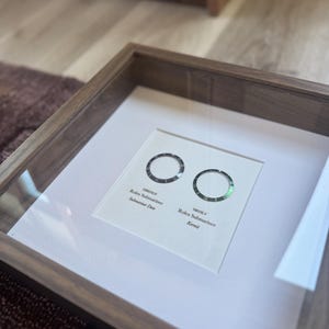 May include: A wooden framed display showcasing two Rolex Submariner watch bezels. The left bezel is labelled "126610LN Submariner Date", the right one "16610LV Kermit". The frame is made of dark wood.