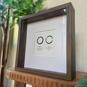 May include: A framed print with two circular designs with iridescent detailing. The dark wood frame surrounds a white mount with text below the circles. The text reads "Rolex Submariner" and "Submariner Date" and "Rome". The frame is on a wooden stool.