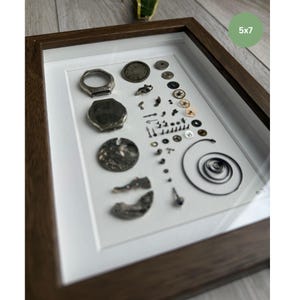 Puede incluir: Una exhibici&oacute;n enmarcada de piezas de relojes antiguos, que incluyen engranajes, resortes y carcasas. El marco es de madera marr&oacute;n oscuro y la pantalla mide 12,7 x 17,8 cm. Las piezas est&aacute;n dispuestas sobre un fondo blanco.