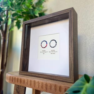 May include: A framed print with two circular designs in red, white, and blue, resembling watch faces. The dark wood frame surrounds a white mount. Text is visible on the print. The artwork is displayed on a wooden stool.