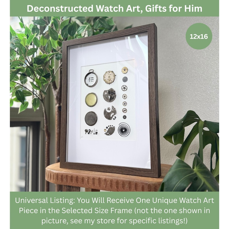 Puede incluir: Una obra de arte enmarcada que presenta piezas de reloj deconstruidas. El marco de madera marr&oacute;n rodea una impresi&oacute;n mate blanca que muestra varias piezas de reloj. La obra de arte incluye engranajes y esferas. El tama&ntilde;o del marco es de 30,5 x 40,6 cm.