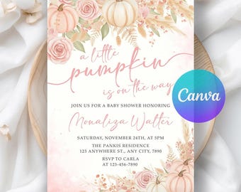 May include: A baby shower invitation with a watercolor design. The invitation features pumpkins, roses, and pampas grass in soft pink and beige tones. Text reads "a little pumpkin is on the way" and includes event details.