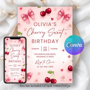 Puede incluir: Invitación de cumpleaños rosa con el texto "Olivia's Cherry Sweet Birthday". El diseño incluye lazos rosas, cerezas, corazones y flores. Un smartphone muestra el mismo diseño. La invitación incluye la fecha, la hora y el lugar.