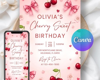 Cherry Birthday Party Invitation, Cherries Sweet Bow Party Invite, Digital Download, Editable Canva Template