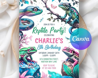 Meisje reptiel verjaardagsuitnodiging, roze reptiel show uitnodiging, meisje dier verjaardag, reptiel Evite digitale download, bewerkbare canva-sjabloon