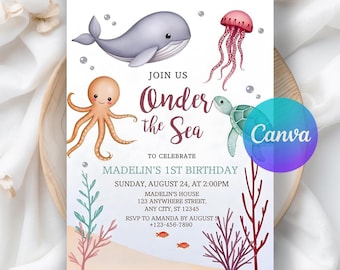 Oneder the Sea Birthday Invitation, Under the Sea Birthday, 1st Birthday, Ocean Animals Girls Under the Sea Invite, Editable Canva Template