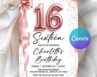 Rose Gold Glitter 16th Birthday Invitation, Sweet 16 Birthday Invite, Girl Teen Birthday Invite, Digital Download ,Editable Canva Template