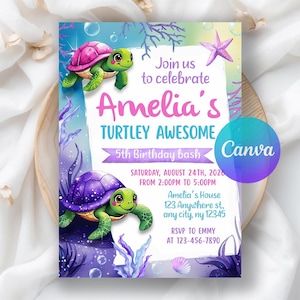 Sea Turtle Birthday Invitation, Under the Sea Birthday Party Invite Template, Turtley Awesome Birthday, Printable Editable Canva Template