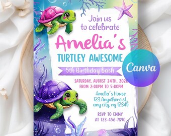 Sea Turtle Birthday Invitation, Under the Sea Birthday Party Invite Template, Turtley Awesome Birthday, Printable Editable Canva Template