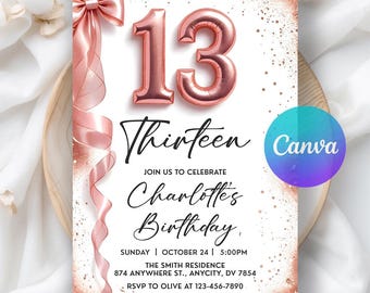 Rose Gold Glitter 13th Birthday Invitation, Birthday Invite for 13 year old Birthday Party Invite, Digital Download, Editable Canva Template