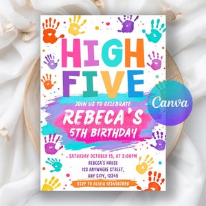 Hi-Five 5th Birthday Invitation, Modern Party Invite, High Five Birthday, Colorful Birthday Invite, Digital Download,Editable Canva Template