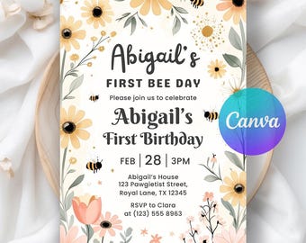 Bee First Birthday Invitation, Sweet To Bee One Birthday Invitation, Bee Day Party, Cute Bee Invitation Printable Editable Canva Template