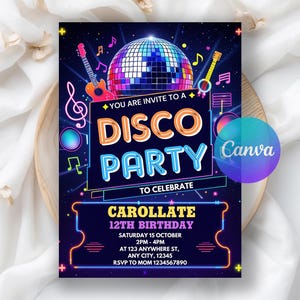 Disco Party Birthday Invitation, Disco Gender Neutral Invites, Dance Party Template, Neon Party Invites, Glow Party, Editable Canva Template