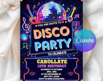 Disco Party Birthday Invitation, Disco Gender Neutral Invites, Dance Party Template, Neon Party Invites, Glow Party, Editable Canva Template