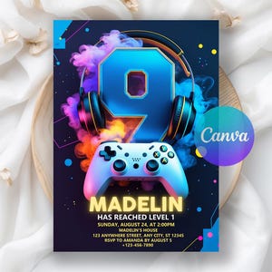 May include: A colourful invitation design with a large blue number 9, headphones, and a game controller. The name "MADELIN" is displayed, along with event details. The design incorporates neon colours and the Canva logo.