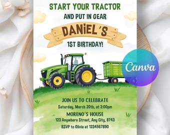 Tractor Birthday invitation, Green Tractor Invitation, Farm birthday, tractor invite, Boy Birthday Digital Download, Editable Canva Template