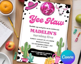 Cowgirl Birthday Invitation, Yee Haw Party, Pink Cowgirl Party Invite, Space Cowgirl Birthday, Disco Rodeo Invite, Editable Canva Template