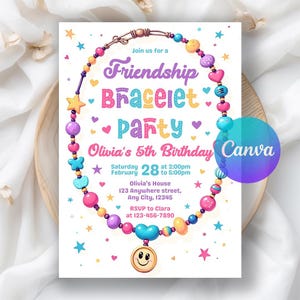 Friendship Bracelet Invitation, Girl Birthday Bead Bracelet Making Invite, Friendship Bracet Party, Jewelry Party, Editable Canva Template