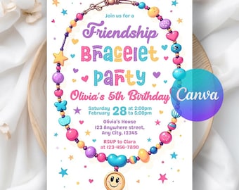 Peut inclure: Une invitation colorée pour une fête de bracelets d'amitié. L'invitation présente un design de collier avec diverses perles et breloques. Le texte comprend "Friendship Bracelet Party" et les détails de l'anniversaire d'Olivia, date, heure et lieu.
