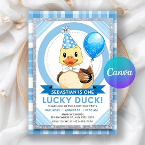 One Lucky Duck Birthday Invitation, First Birthday Duck, Mallard Duck Gingham 1st Birthday Party Invite, Editable Canva Template Download
