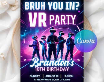 Invitación de cumpleaños de realidad virtual, invitación de cumpleaños de RV, invitación de cumpleaños de gamer, invitación de cumpleaños de videojuegos, plantilla editable de Canva