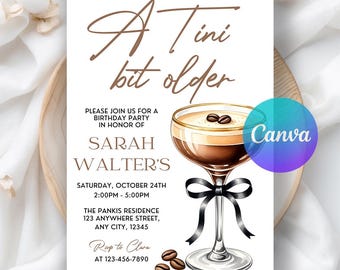 Invitación de cumpleaños para adultos mayores con temática de Tini Bit, invitación de cumpleaños con temática de Espresso Martini, invitación a un cóctel elegante y coqueto, plantilla editable de Canva.