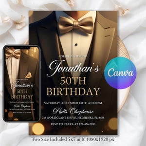 May include: A sophisticated 50th birthday invitation design, showcasing a formal suit and gold bow tie. The invitation reads "Jonathan's 50th Birthday" with event details. A smartphone displays the same design. The Canva logo is visible.