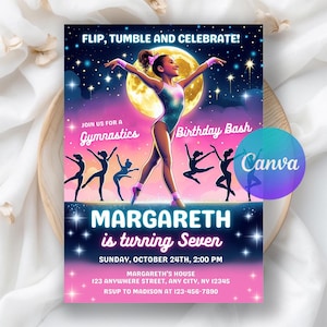 Gymnastics Birthday Invitation, Gymnastics Party Invitation Template, Jump Tumble And Play, Girls Party Invite, Editable Canva Template
