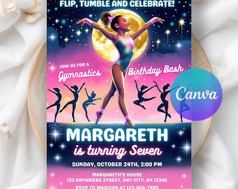 Gymnastics Birthday Invitation, Gymnastics Party Invitation Template, Jump Tumble And Play, Girls Party Invite, Editable Canva Template