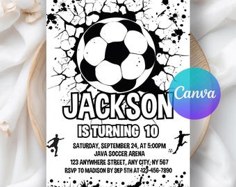 Soccer Birthday Invitation, Football Invite, Kids Soccer Invite, Let's Kick it Soccer Invite, Boys Soccer Party, Editable Canva Template