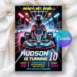 Go Kart Birthday Invitation, Racing Birthday Invitation, Boys Birthday, Go-Kart Party, Go Karting Racing Invitation, Editable Canva Template